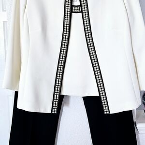 Chic White and Black Blazer with Embellished Trim